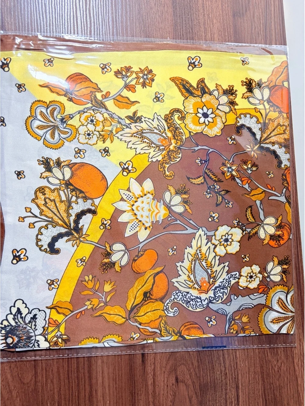 Vintage Floral Scarf in Brown, Yellow, and Orange with Botanical Print